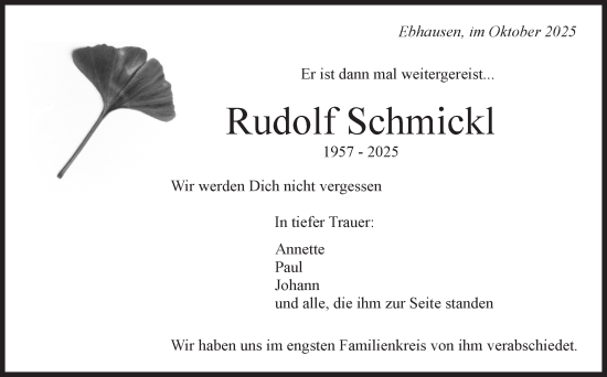 Traueranzeige von Rudolf Schmickl von Kreiszeitung Böblinger Bote