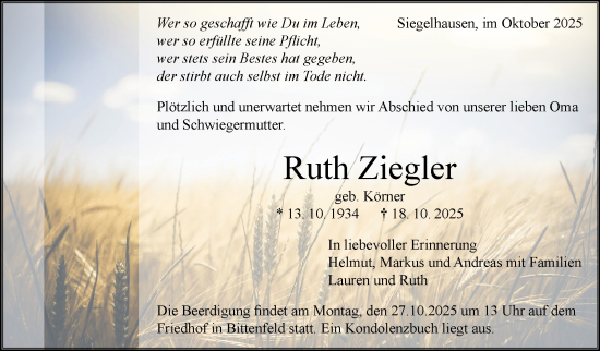 Traueranzeige von Ruth Ziegler von Marbacher Zeitung