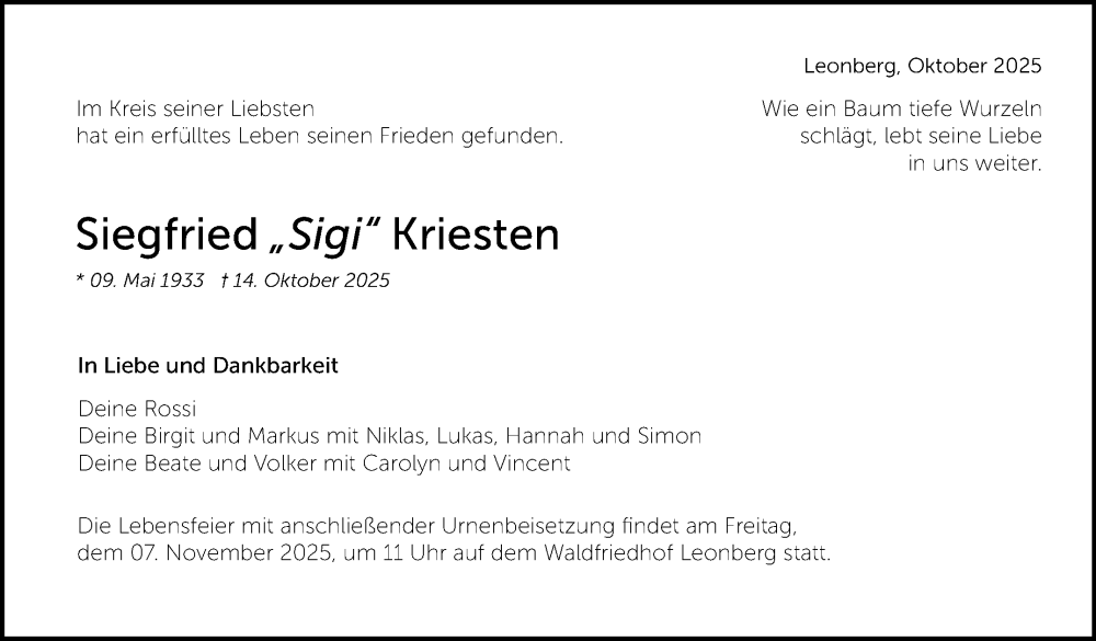  Traueranzeige für Siegfried Kriesten vom 18.10.2025 aus Stuttgarter Zeitung / Stuttgarter Nachrichten