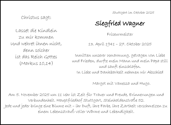 Traueranzeige von Siegfried Wagner von Stuttgarter Zeitung / Stuttgarter Nachrichten