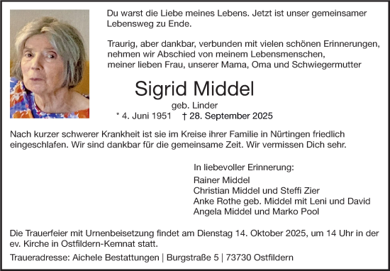 Traueranzeige von Sigrid Middel von Eßlinger Zeitung