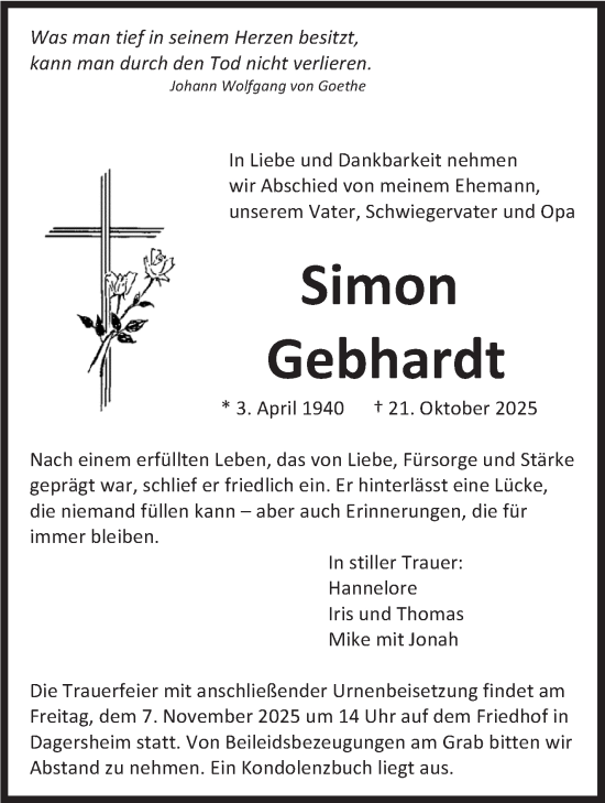 Traueranzeige von Simon Gebhardt von Kreiszeitung Böblinger Bote