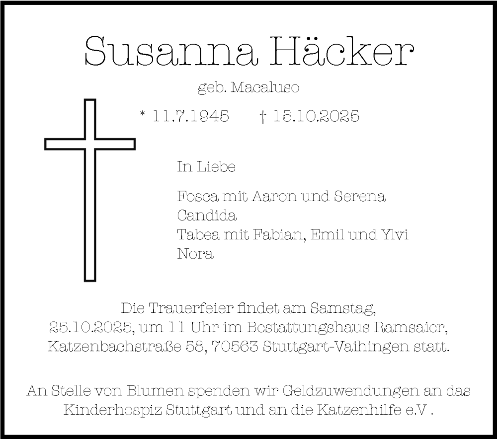  Traueranzeige für Susanna Häcker vom 18.10.2025 aus Stuttgarter Zeitung / Stuttgarter Nachrichten