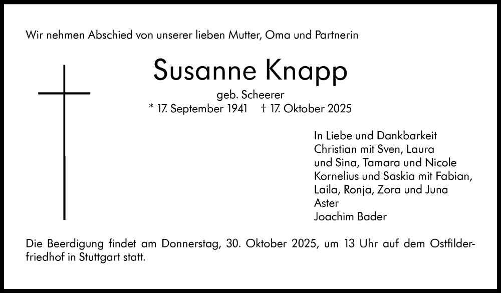  Traueranzeige für Susanne Knapp vom 25.10.2025 aus Stuttgarter Zeitung / Stuttgarter Nachrichten