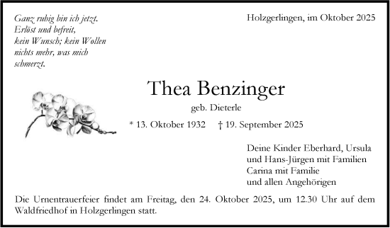 Traueranzeige von Thea Benzinger von Kreiszeitung Böblinger Bote