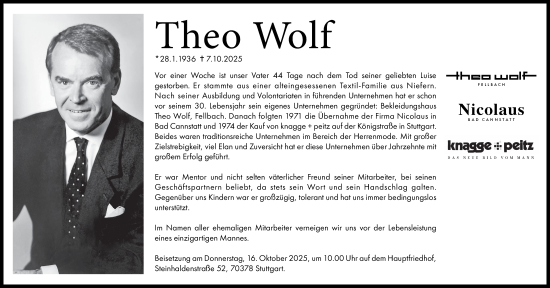 Traueranzeige von Theo Wolf von Stuttgarter Zeitung / Stuttgarter Nachrichten
