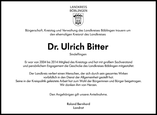 Traueranzeige von Ulrich Bitter von Kreiszeitung Böblinger Bote