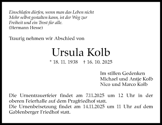 Traueranzeige von Ursula Kolb von Stuttgarter Zeitung / Stuttgarter Nachrichten