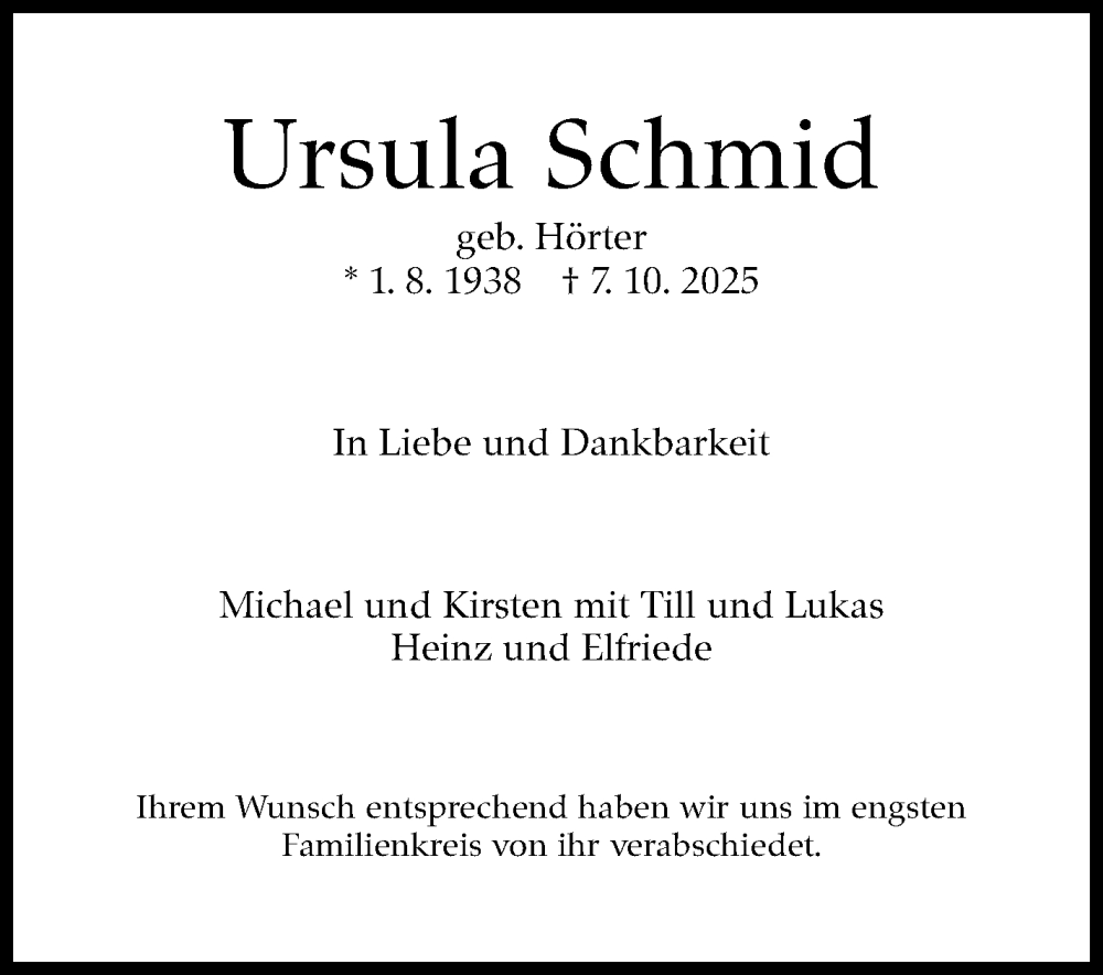  Traueranzeige für Ursula Schmid vom 18.10.2025 aus Stuttgarter Zeitung / Stuttgarter Nachrichten