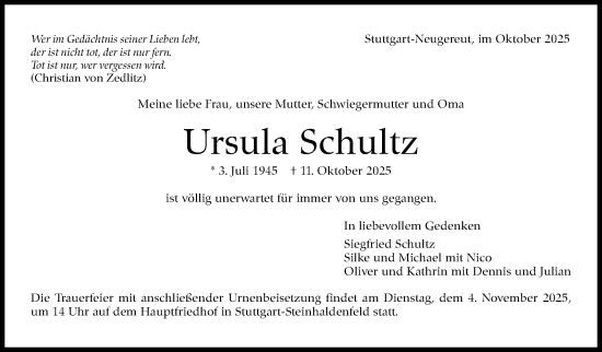 Traueranzeige von Ursula Schultz von Stuttgarter Zeitung / Stuttgarter Nachrichten
