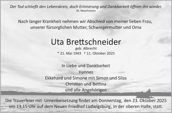 Traueranzeige von Uta Brettschneider von Stuttgarter Zeitung / Stuttgarter Nachrichten