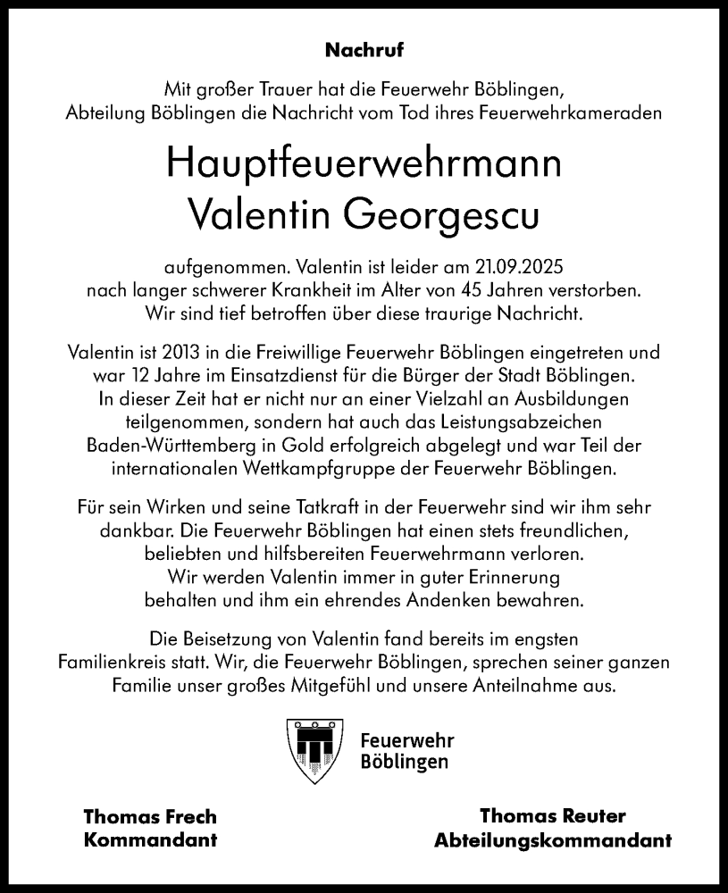  Traueranzeige für Valentin Georgescu vom 24.10.2025 aus Kreiszeitung Böblinger Bote