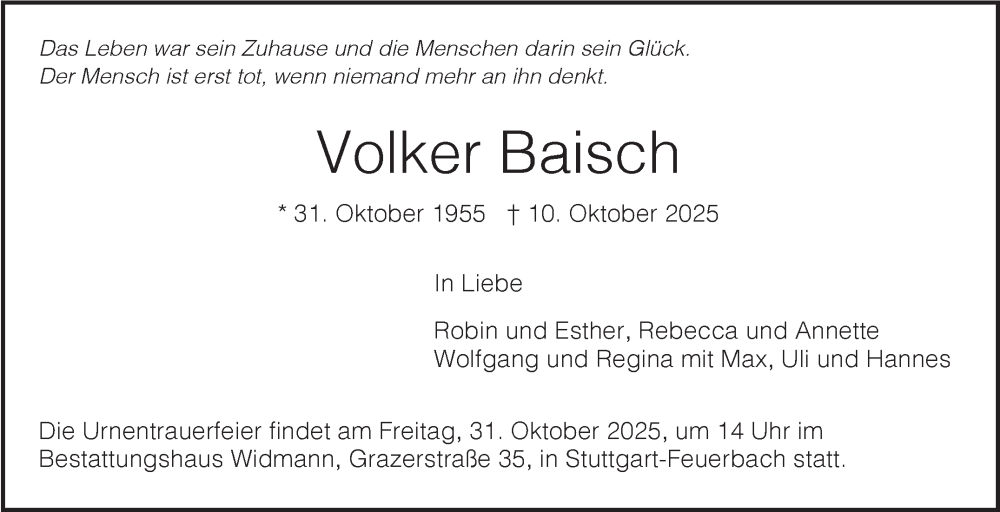  Traueranzeige für Volker Baisch vom 25.10.2025 aus Stuttgarter Zeitung / Stuttgarter Nachrichten