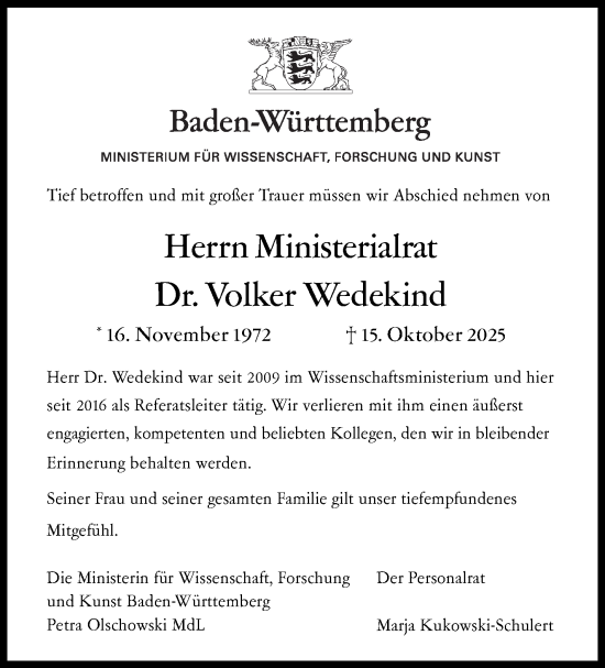 Traueranzeige von Volker Wedekind von Stuttgarter Zeitung / Stuttgarter Nachrichten
