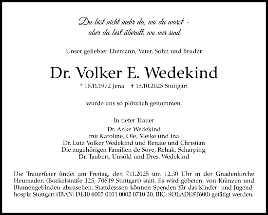 Traueranzeige von Volker E. Wedekind von Stuttgarter Zeitung / Stuttgarter Nachrichten