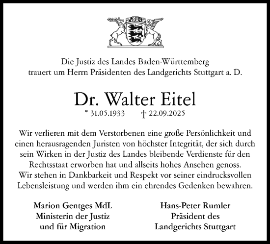 Traueranzeige von Walter Eitel von Stuttgarter Zeitung / Stuttgarter Nachrichten