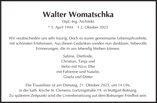 Traueranzeige von Walter Womatschka von Stuttgarter Zeitung / Stuttgarter Nachrichten