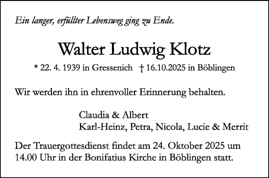 Traueranzeige von Walter Ludwig Klotz von Kreiszeitung Böblinger Bote
