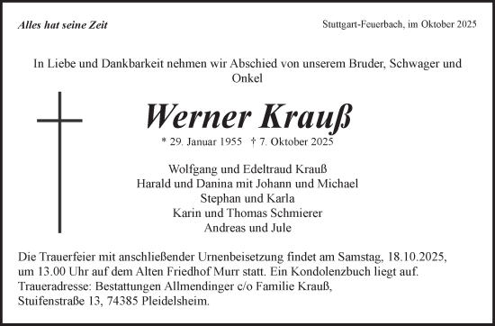 Traueranzeige von Werner Krauß von Stuttgarter Zeitung / Stuttgarter Nachrichten