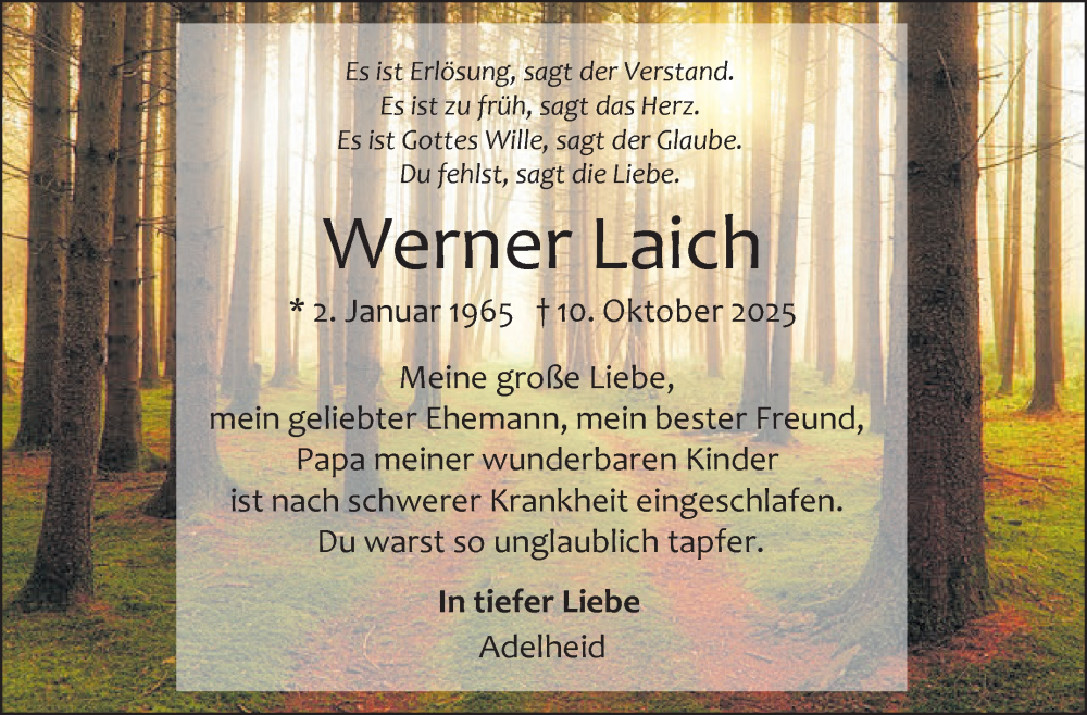  Traueranzeige für Werner Laich vom 16.10.2025 aus Leonberger Kreiszeitung / Strohgäu Extra