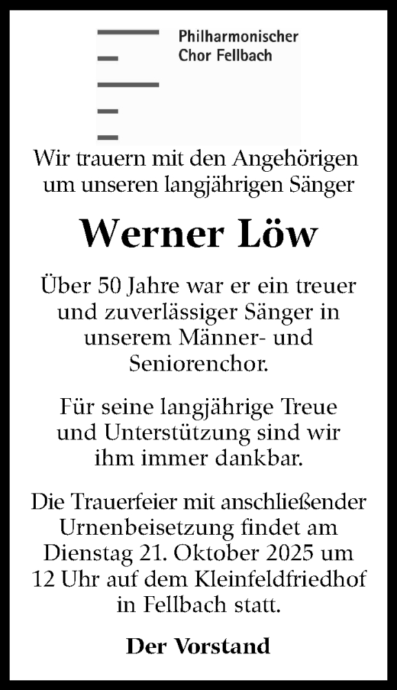  Traueranzeige für Werner Löw vom 20.10.2025 aus Stuttgarter Zeitung / Stuttgarter Nachrichten