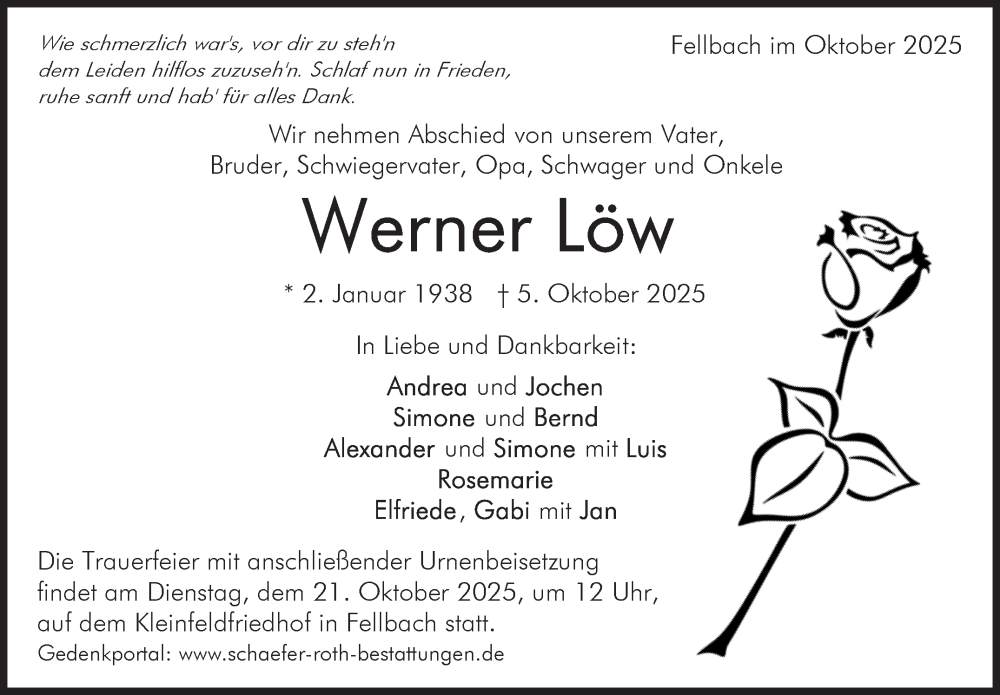  Traueranzeige für Werner Löw vom 17.10.2025 aus Stuttgarter Zeitung / Stuttgarter Nachrichten