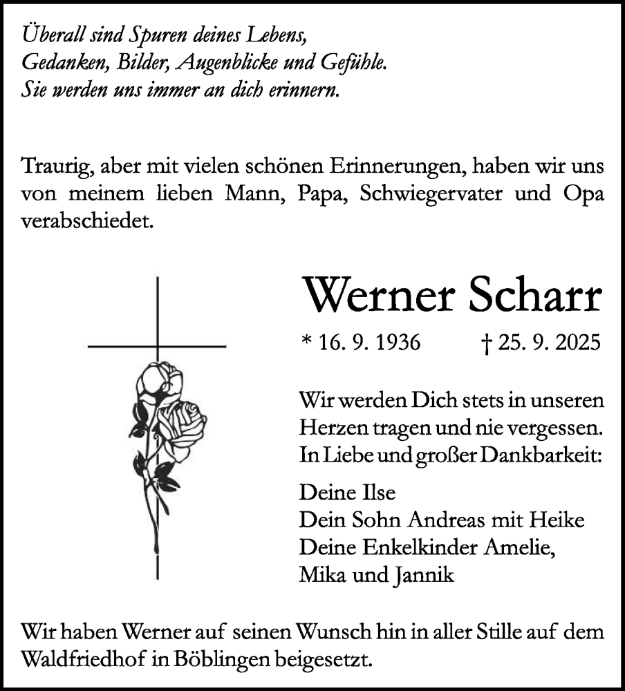  Traueranzeige für Werner Scharr vom 13.10.2025 aus Kreiszeitung Böblinger Bote