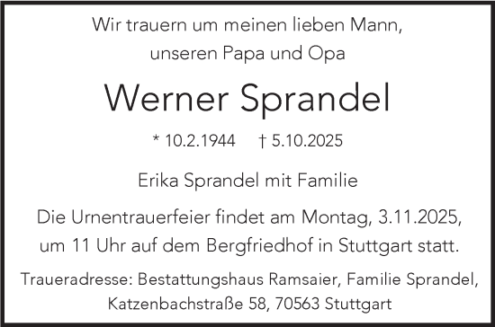 Traueranzeige von Werner Sprandel von Stuttgarter Zeitung / Stuttgarter Nachrichten