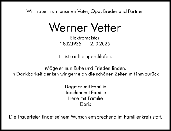 Traueranzeige von Werner Vetter von Eßlinger Zeitung