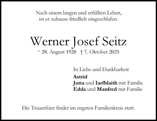 Traueranzeige von Werner Josef Seitz von Stuttgarter Zeitung / Stuttgarter Nachrichten