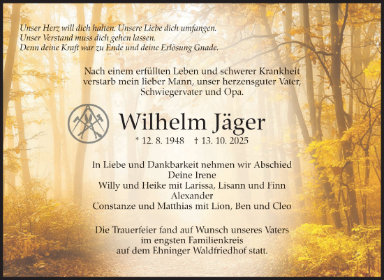Traueranzeige von Wilhelm Jäger von Kreiszeitung Böblinger Bote