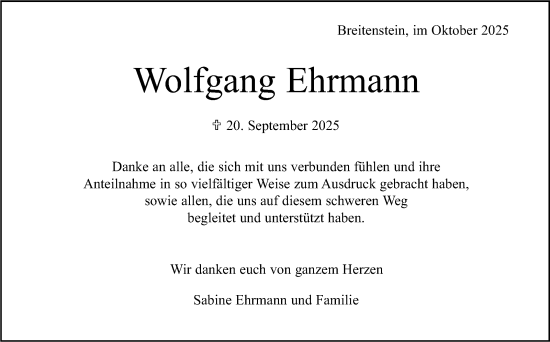 Traueranzeige von Wolfgang Ehrmann von Kreiszeitung Böblinger Bote