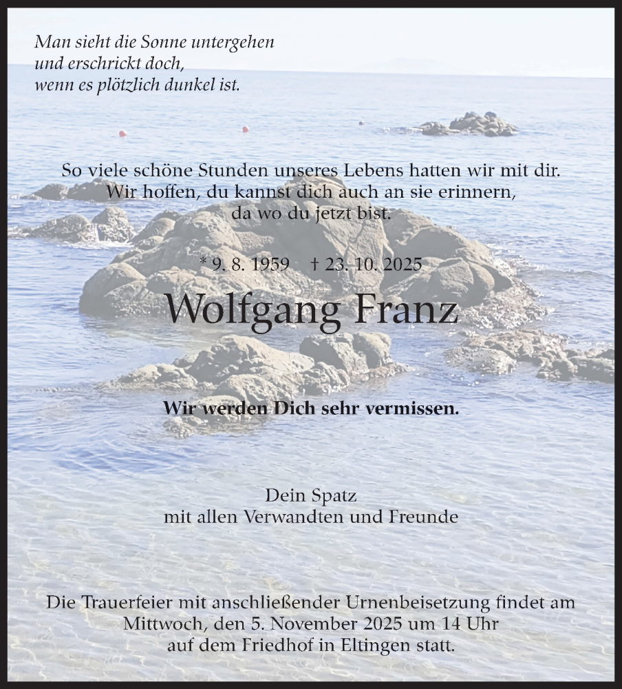  Traueranzeige für Wolfgang Franz vom 31.10.2025 aus Leonberger Kreiszeitung / Strohgäu Extra