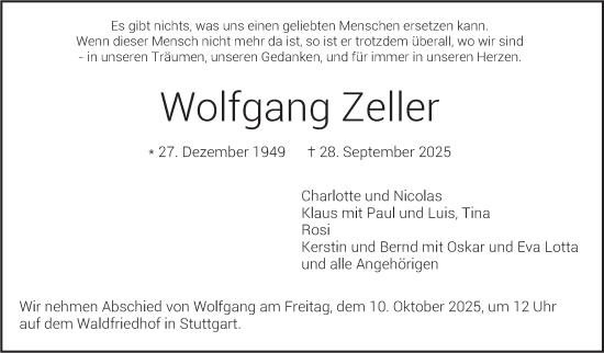 Traueranzeige von Wolfgang Zeller von Stuttgarter Zeitung / Stuttgarter Nachrichten