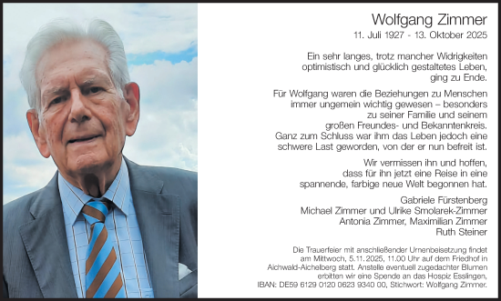 Traueranzeige von Wolfgang Zimmer von Eßlinger Zeitung