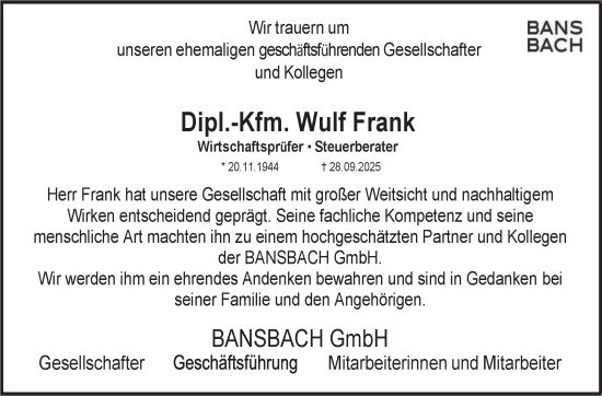 Traueranzeige von Wulf Frank von Stuttgarter Zeitung / Stuttgarter Nachrichten