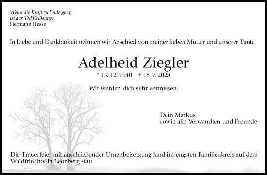 Traueranzeige von Adelheid Ziegler von Leonberger Kreiszeitung / Strohgäu Extra