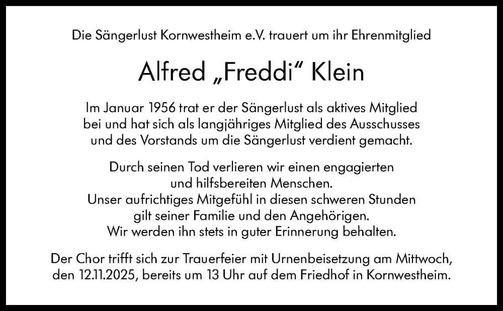  Traueranzeige für Alfred Klein vom 07.11.2025 aus Marbacher Zeitung