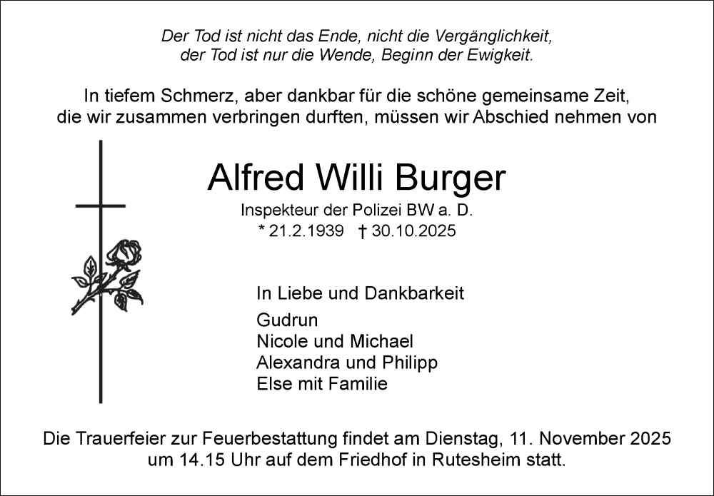  Traueranzeige für Alfred Willi Burger vom 05.11.2025 aus Leonberger Kreiszeitung / Strohgäu Extra