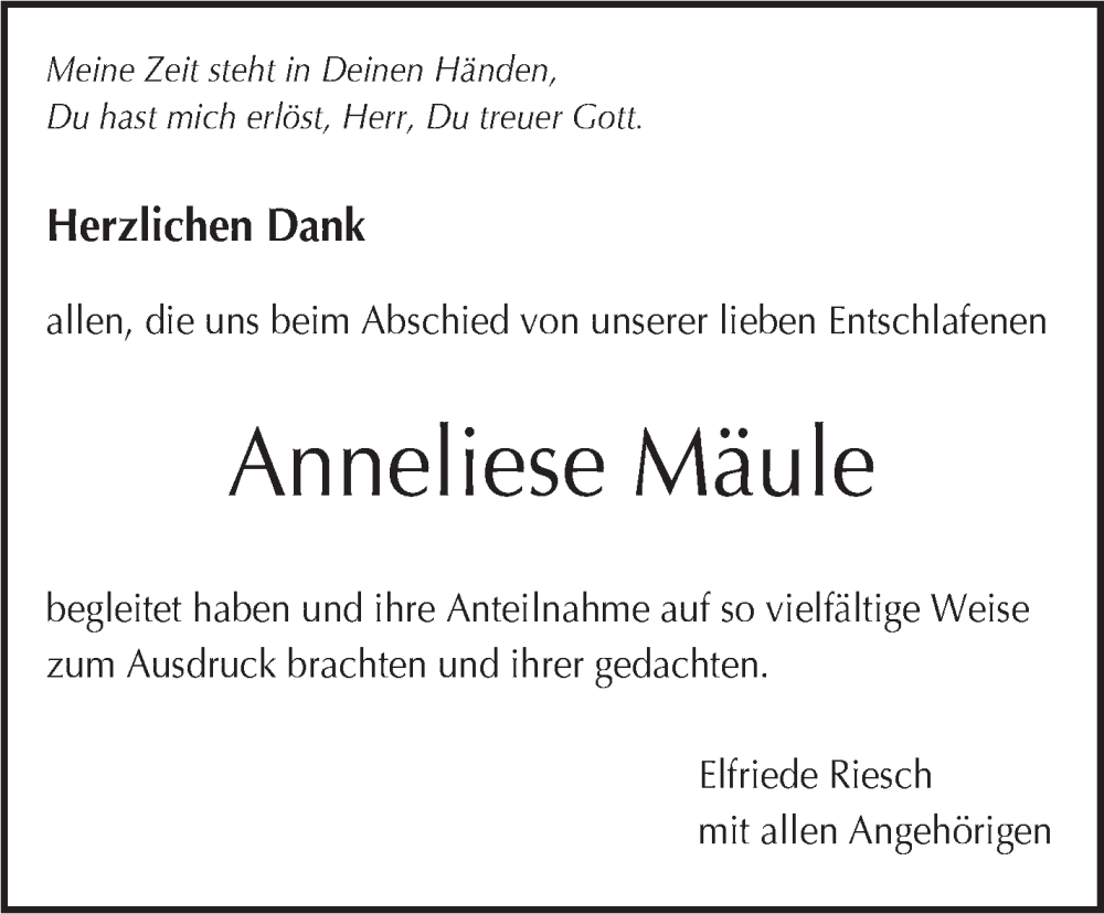  Traueranzeige für Anneliese Mäule vom 29.11.2025 aus Stuttgarter Zeitung / Stuttgarter Nachrichten