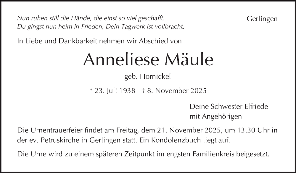  Traueranzeige für Anneliese Mäule vom 15.11.2025 aus Stuttgarter Zeitung / Stuttgarter Nachrichten
