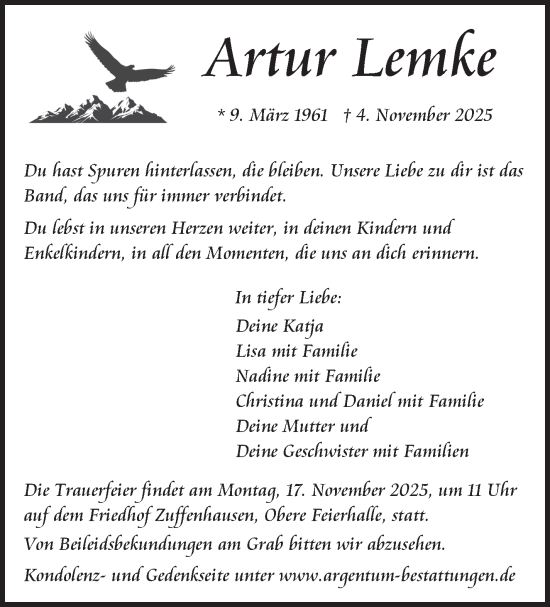 Traueranzeige von Artur Lemke von Stuttgarter Zeitung / Stuttgarter Nachrichten