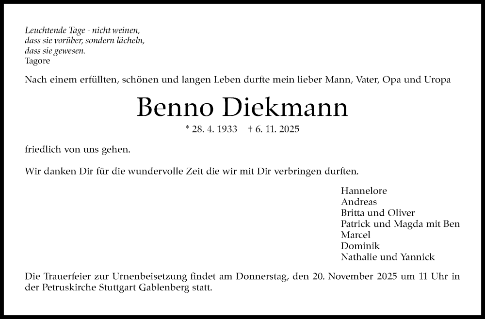  Traueranzeige für Benno Diekmann vom 15.11.2025 aus Stuttgarter Zeitung / Stuttgarter Nachrichten