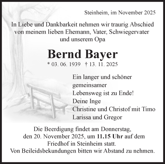 Traueranzeige von Bernd Bayer von Marbacher Zeitung
