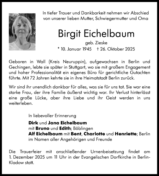 Traueranzeige von Birgit Eichelbaum von Stuttgarter Zeitung / Stuttgarter Nachrichten