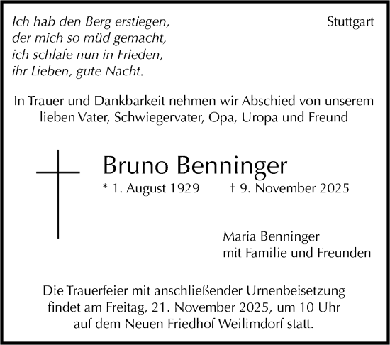 Traueranzeige von Bruno Benninger von Stuttgarter Zeitung / Stuttgarter Nachrichten