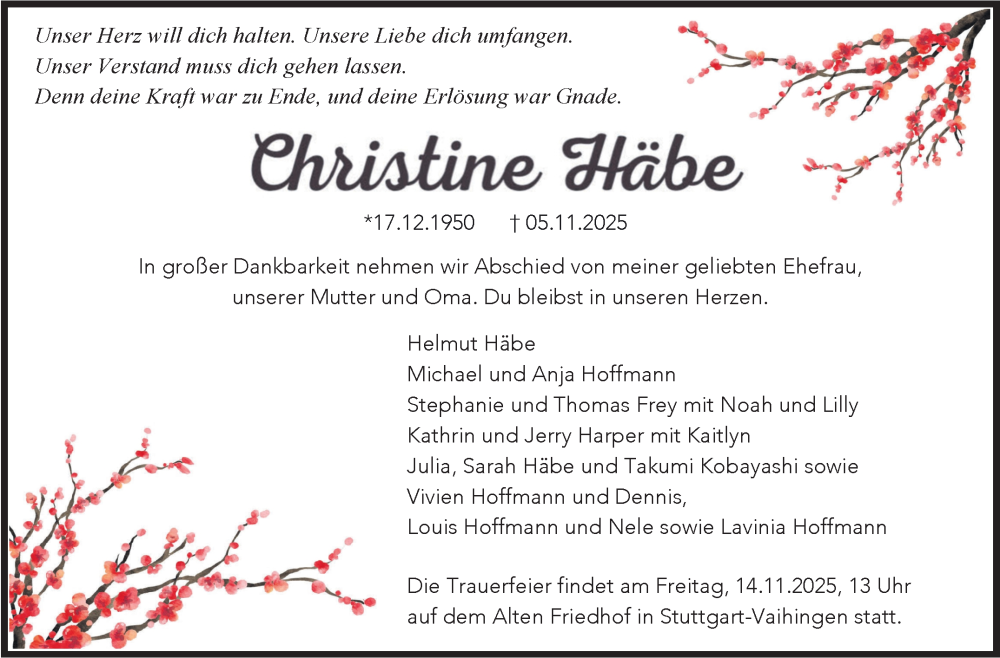  Traueranzeige für Christine Häbe vom 12.11.2025 aus Stuttgarter Zeitung / Stuttgarter Nachrichten