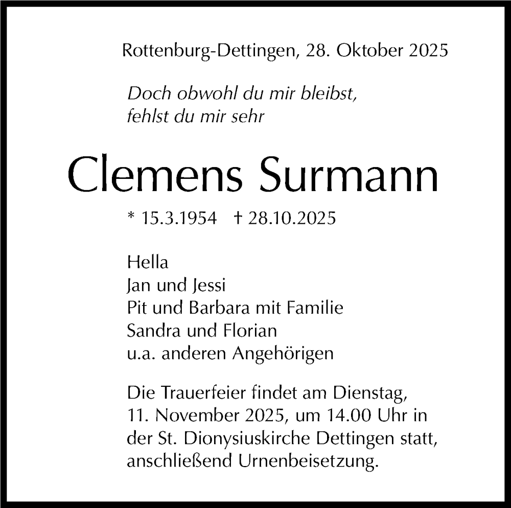  Traueranzeige für Clemens Surmann vom 07.11.2025 aus Kreiszeitung Böblinger Bote