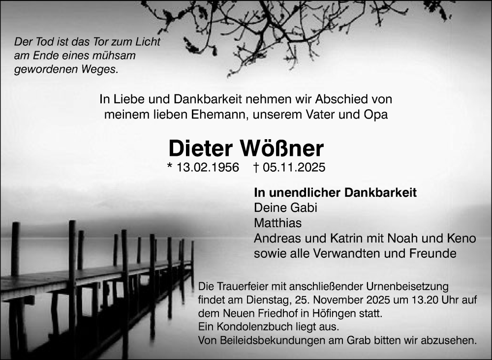  Traueranzeige für Dieter Wößner vom 20.11.2025 aus Leonberger Kreiszeitung / Strohgäu Extra