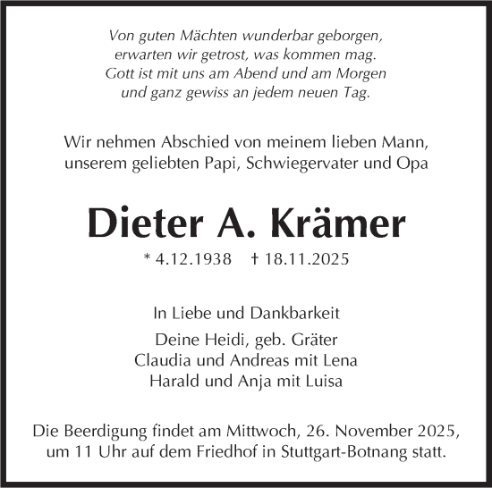 Traueranzeige von Dieter A. Krämer von Stuttgarter Zeitung / Stuttgarter Nachrichten